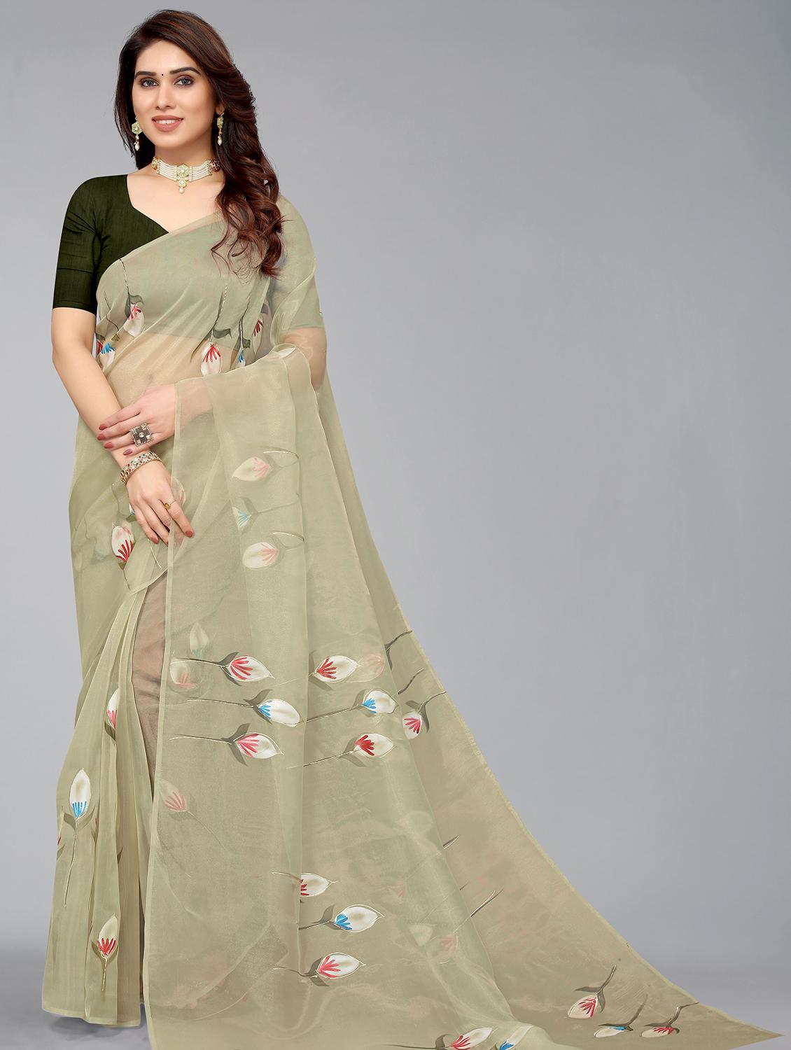 women's printed neo mint colored saree with blouse