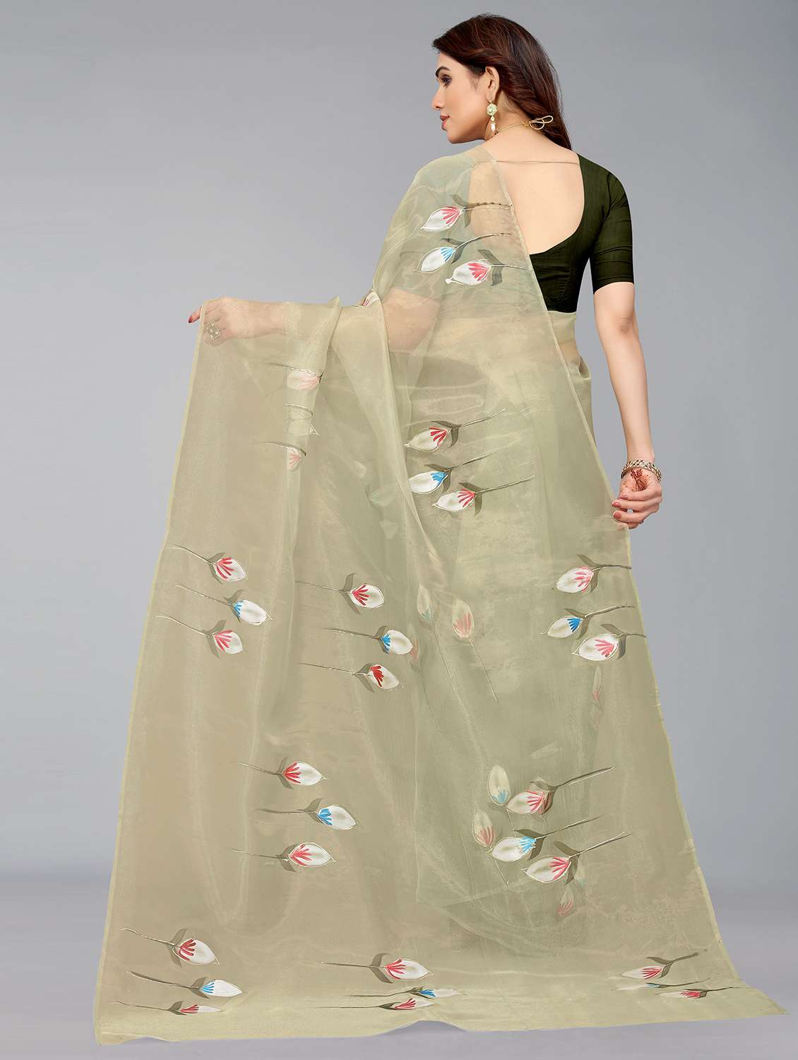 women's printed neo mint colored saree with blouse - 18531691 -  Standard Image - 1