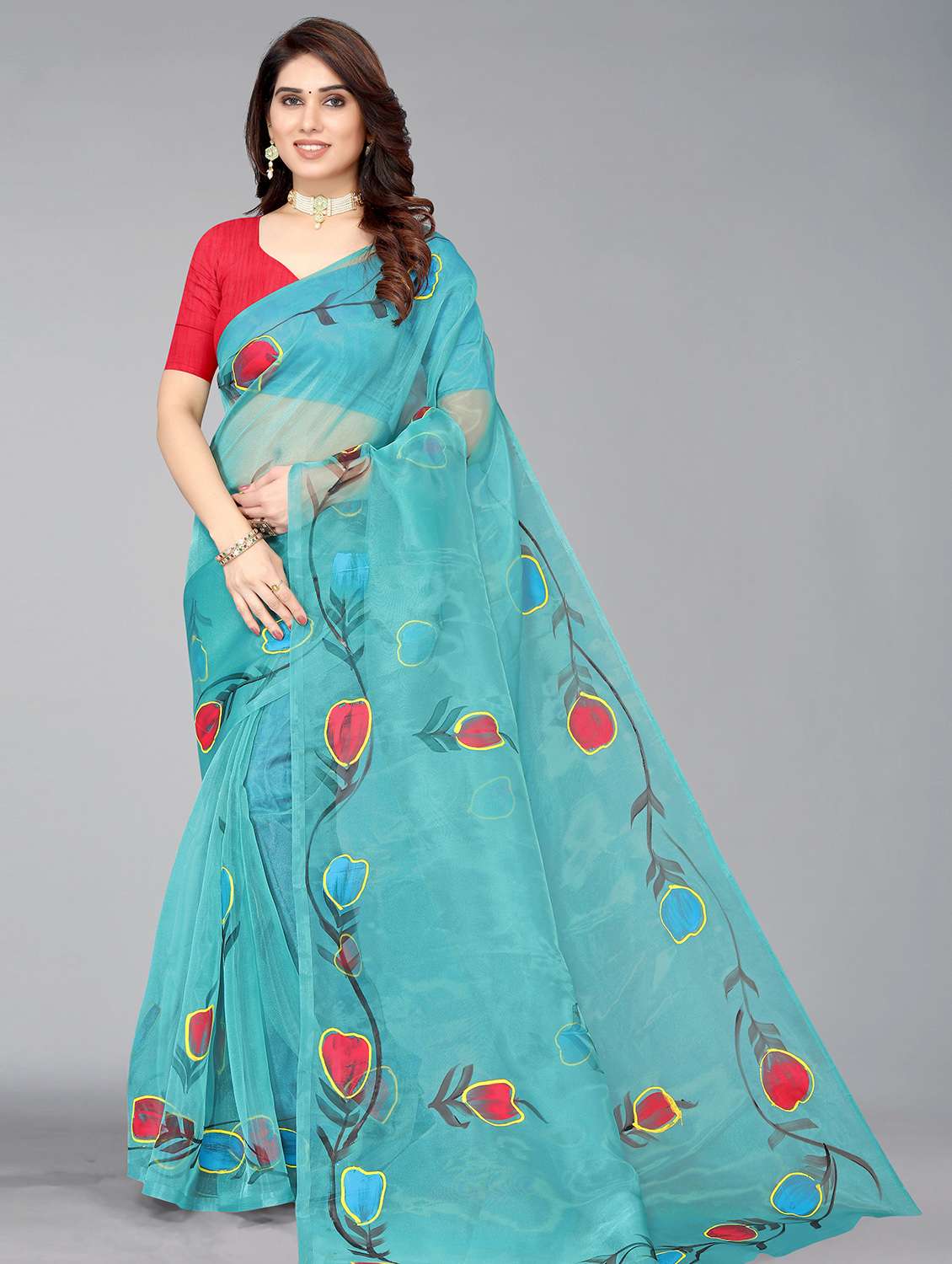 women's printed turquoise colored saree with blouse