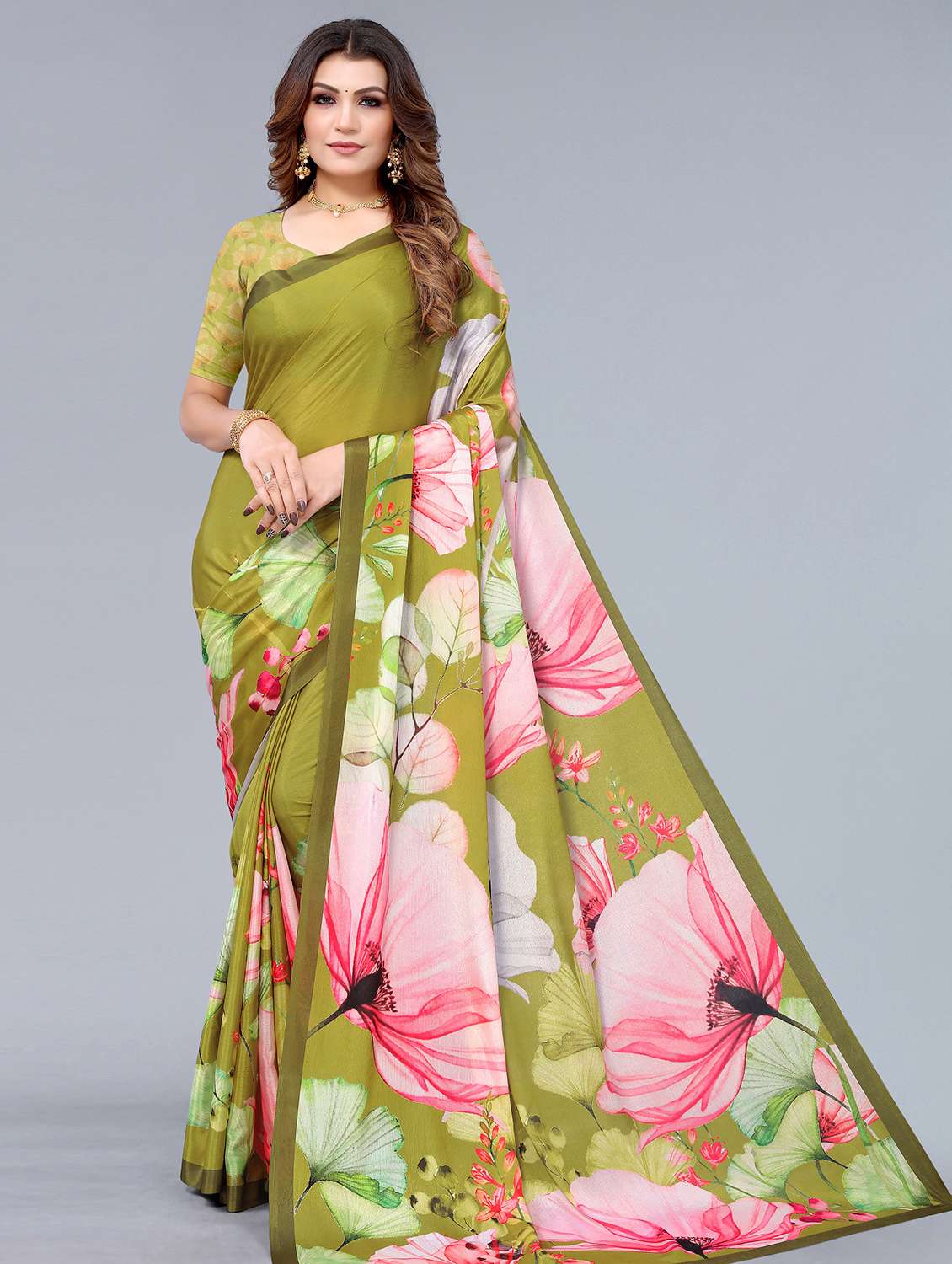 women's floral olive colored saree