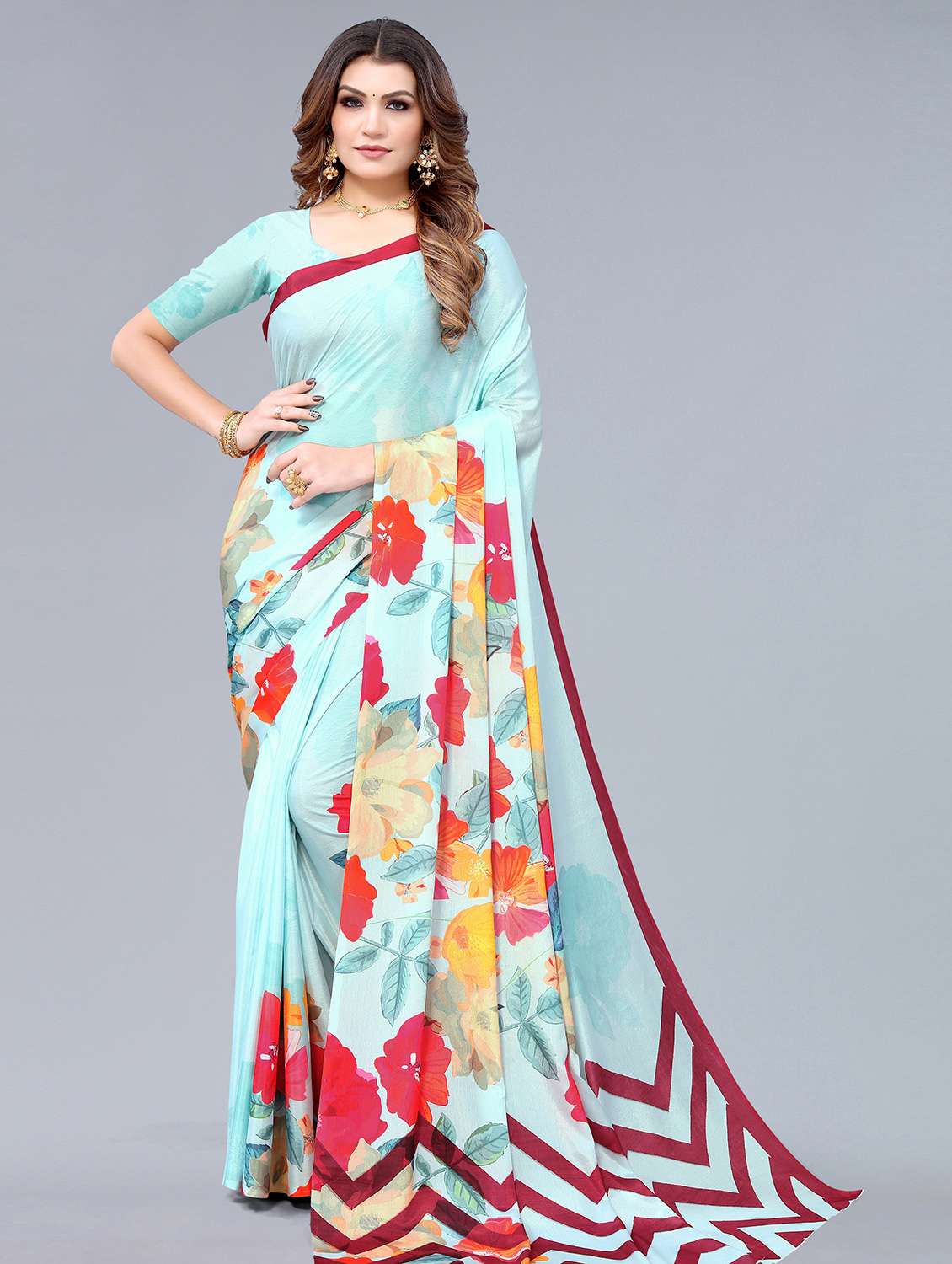 women's floral light blue colored saree with blouse