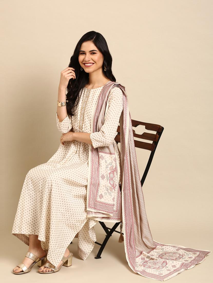 women printed three quarter sleeve kurta pant with dupatta set - 18532024 - Standard Image - 1