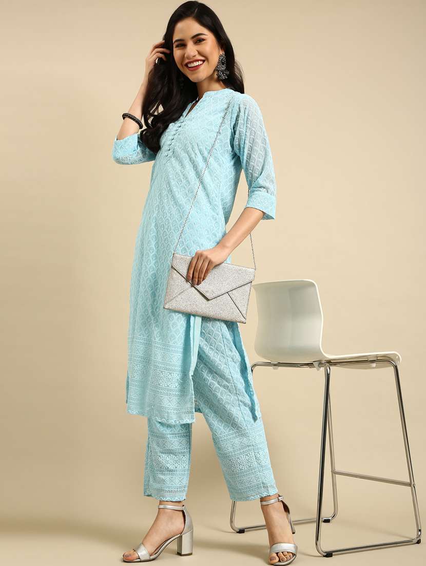 women light blue embroidered kurta pant set - 18532031 -  Standard Image - 1