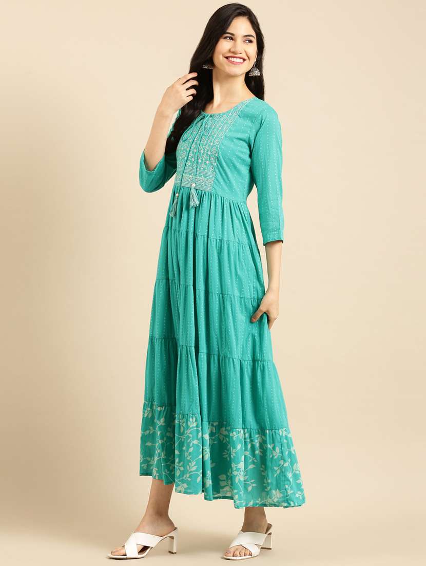 tiered flare ethnic dress with embroidery and sequence 