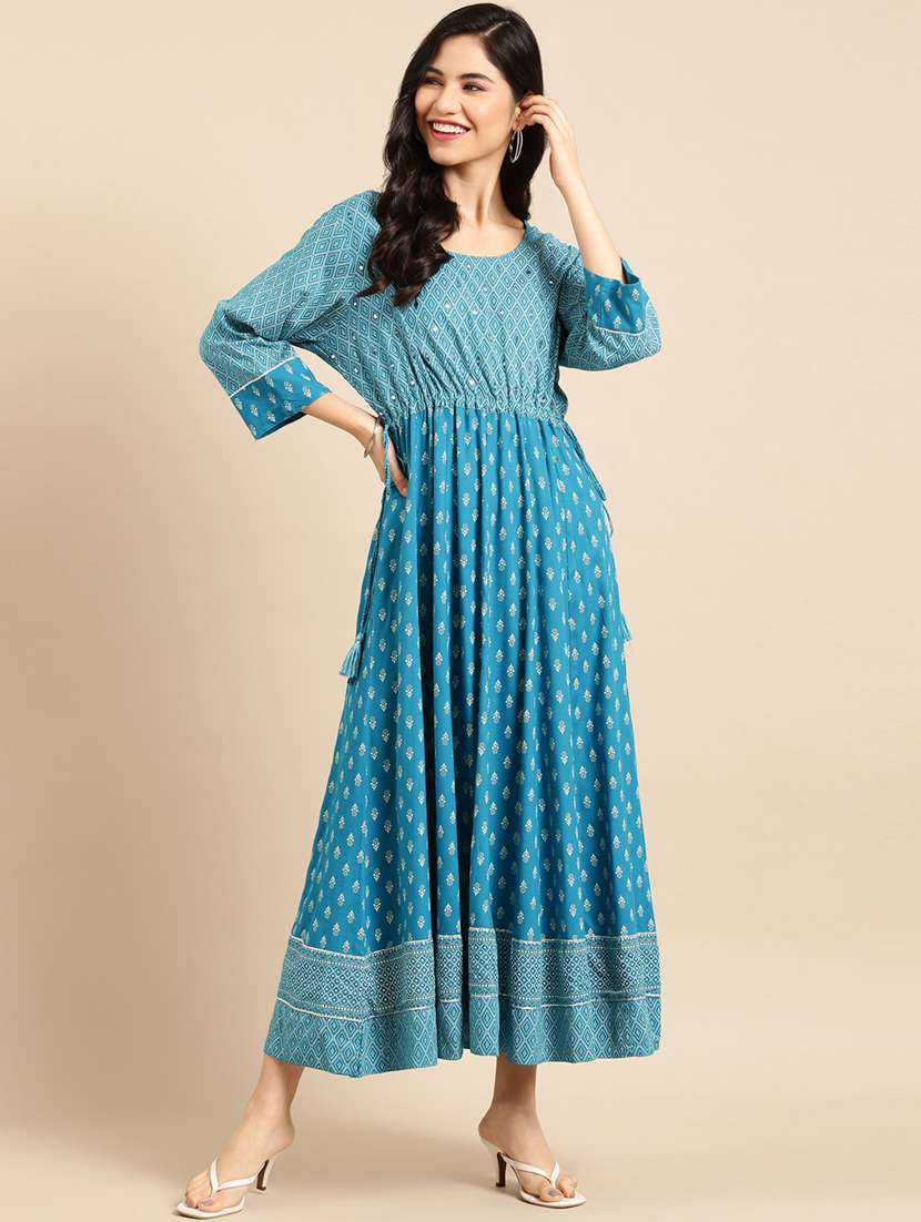 mirror work printed flared ethnic dress - 18532079 - Zoom Image - 0