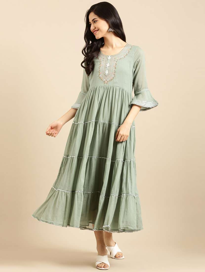 yoke embroidered tiered ethnic dress