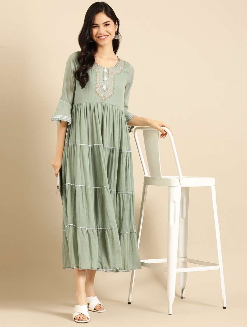 yoke embroidered tiered ethnic dress - 18532104 - Standard Image - 1