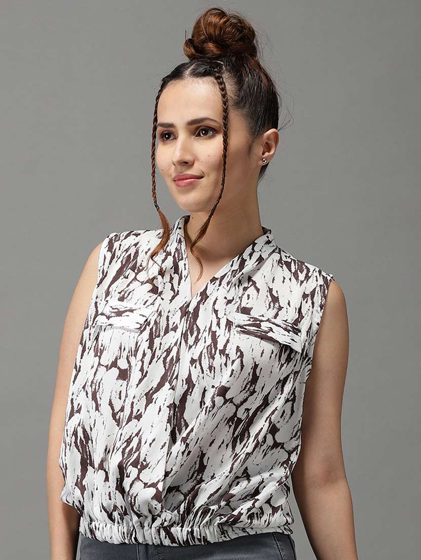women's white printed v neck top - 18532272 - Standard Image - 1