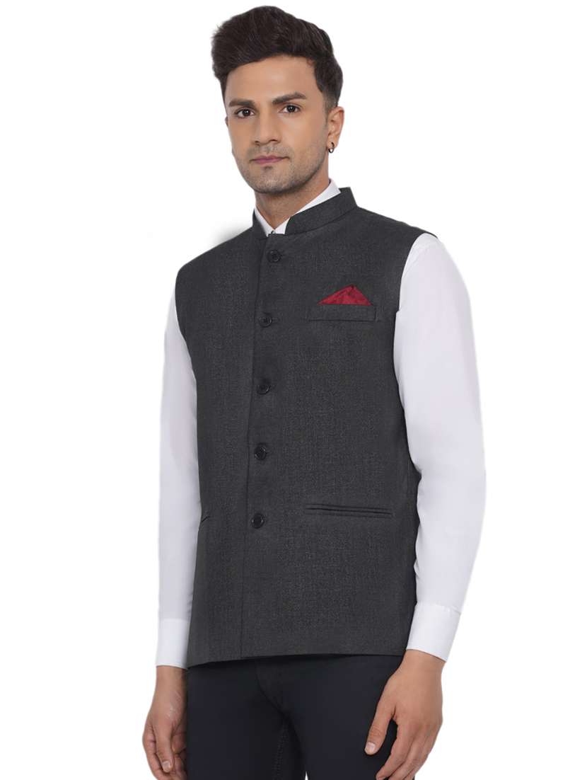 grey solid nehru jacket - 18532894 -  Standard Image - 1