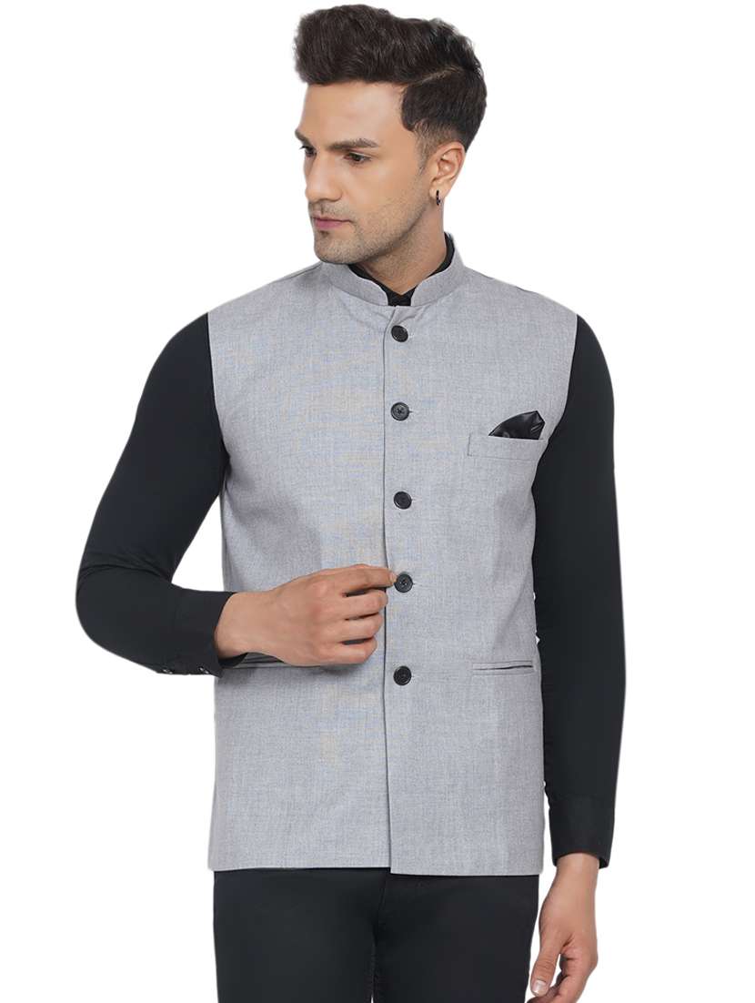 silver solid nehru jacket