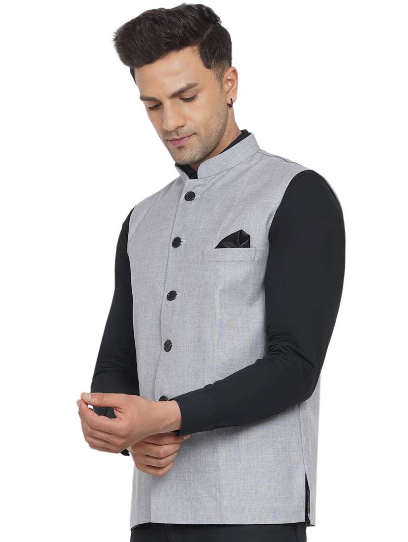 silver solid nehru jacket - 18532896 - Standard Image - 1
