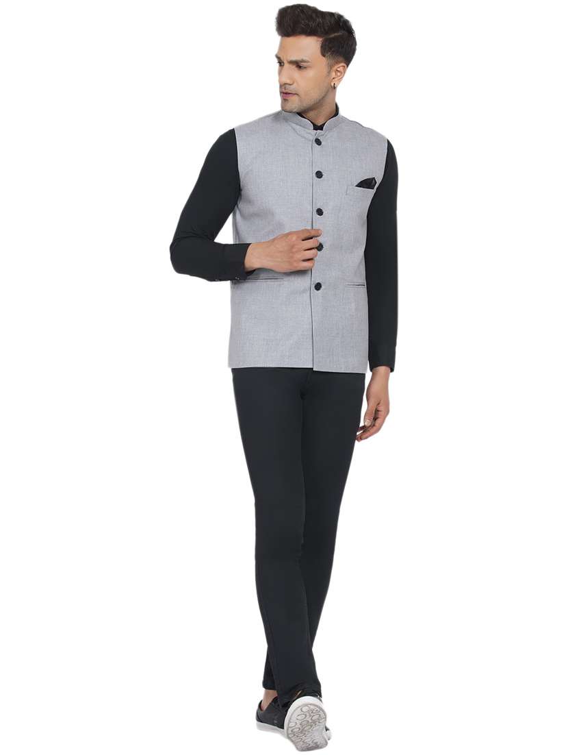 silver solid nehru jacket - 18532896 - Standard Image - 4