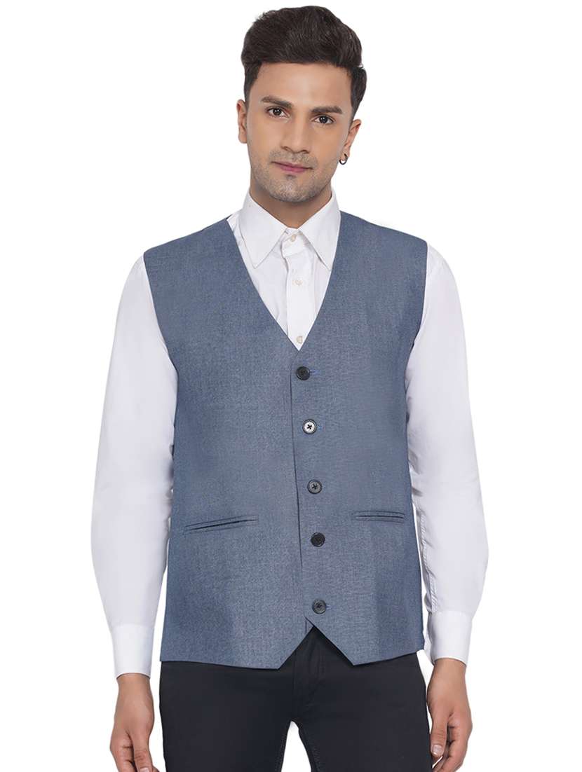 men blue solid v neck waist coat