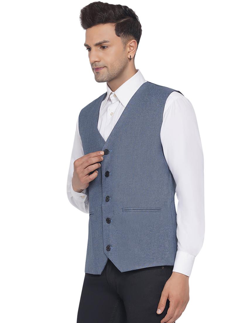 men blue solid v neck waist coat - 18532898 - Standard Image - 1