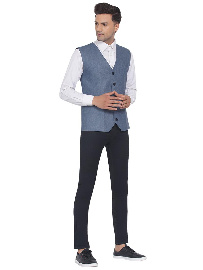 men blue solid v neck waist coat - 18532898 - Standard Image - 4