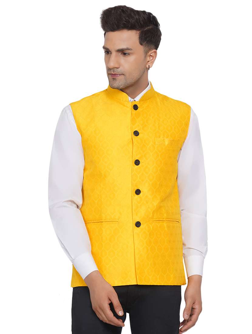 yellow self designed nehru jacket