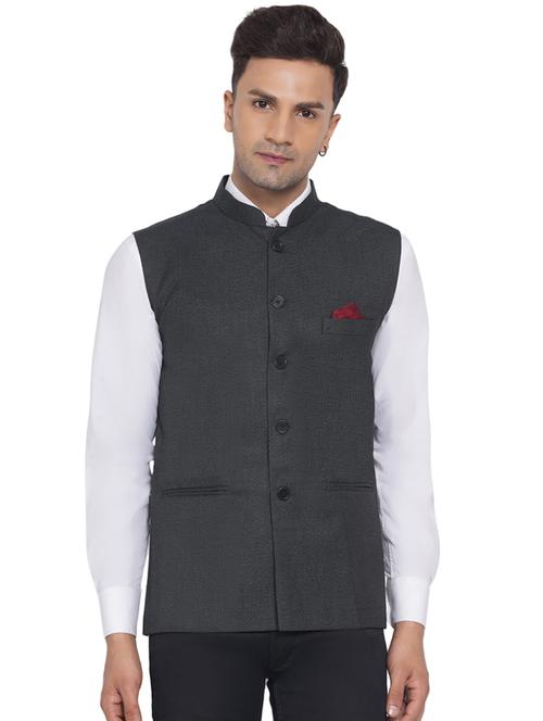 grey solid nehru jacket - 18532952 - Standard Image - 0