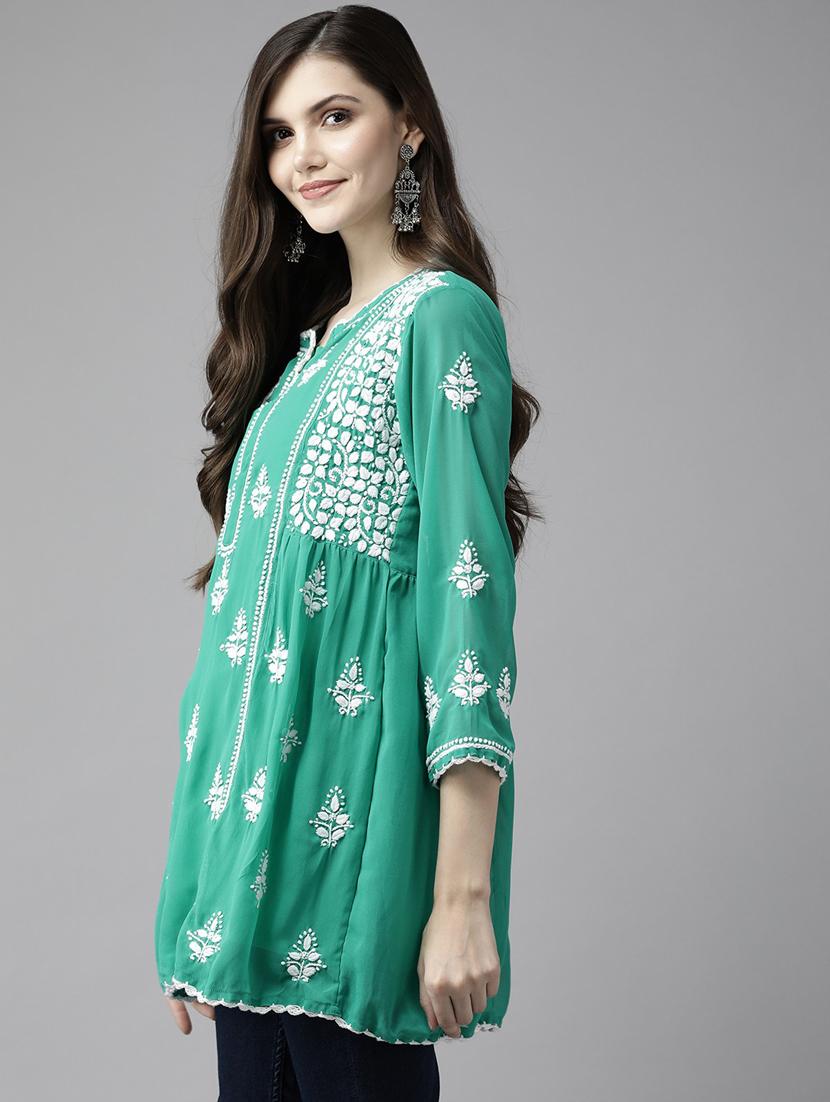 ada hand-embroidered sea green georgette a-line kurti with chikankari work - 18533902 -  Standard Image - 1