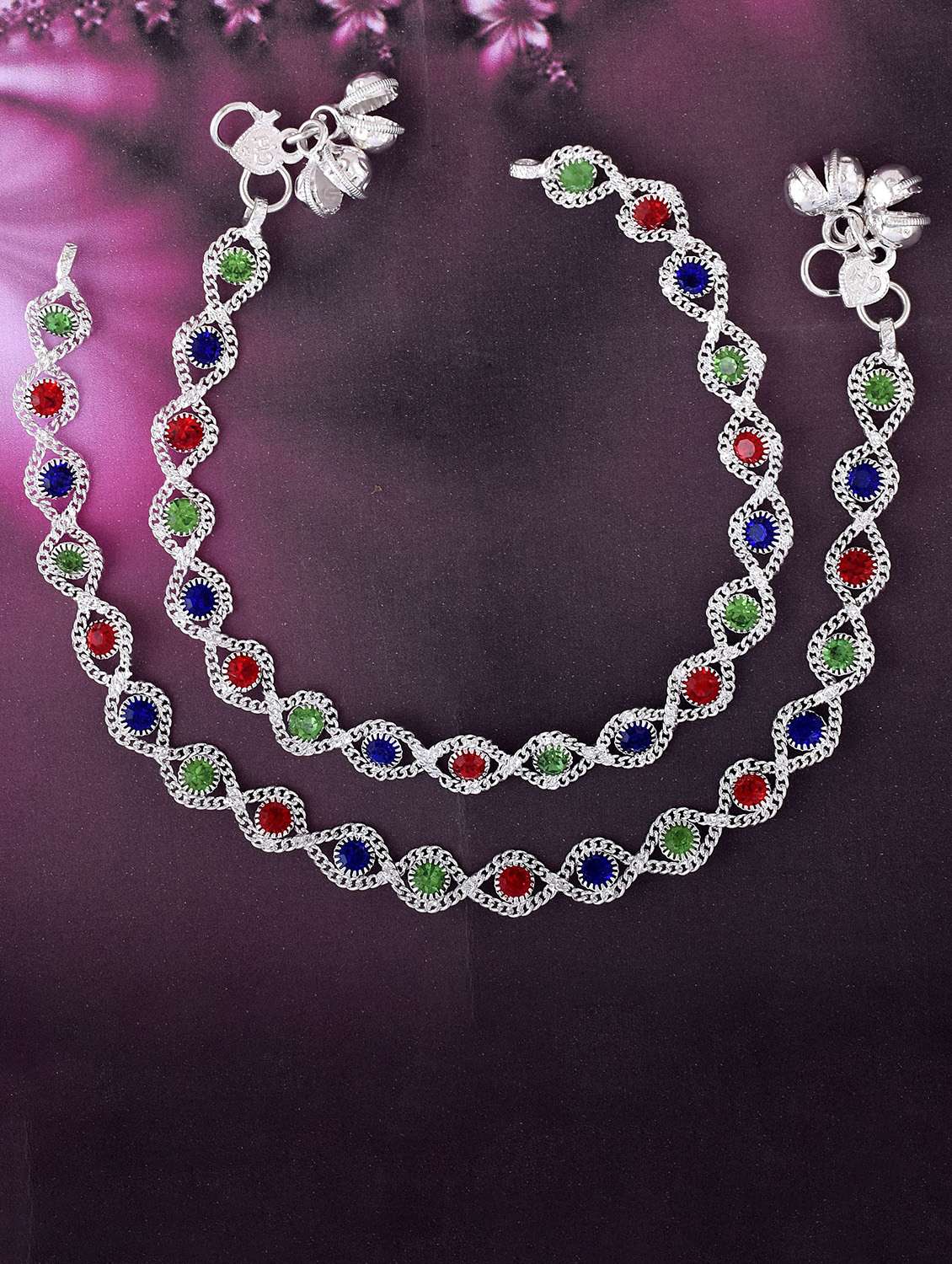 silver plated multi color stoned anklet  - 18534051 -  Standard Image - 1