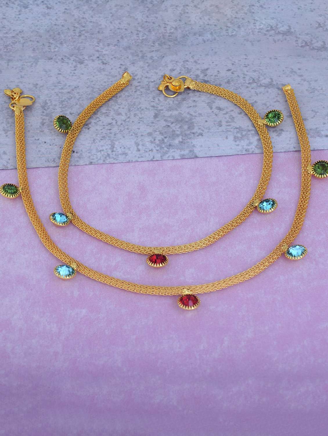 gold plated brass anklet with studded stones 
