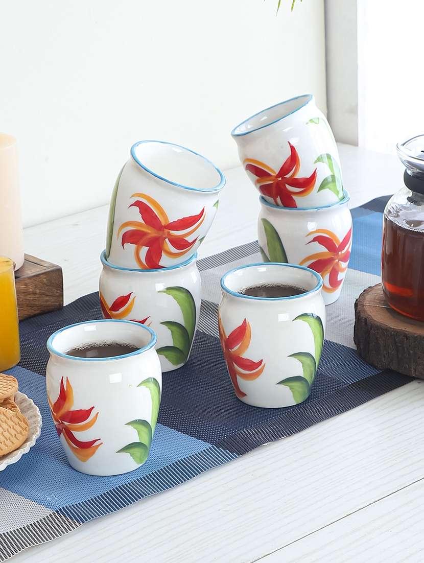 cdi white & red printed ceramic matte cups set of 6 handcrafted tea kullar cups