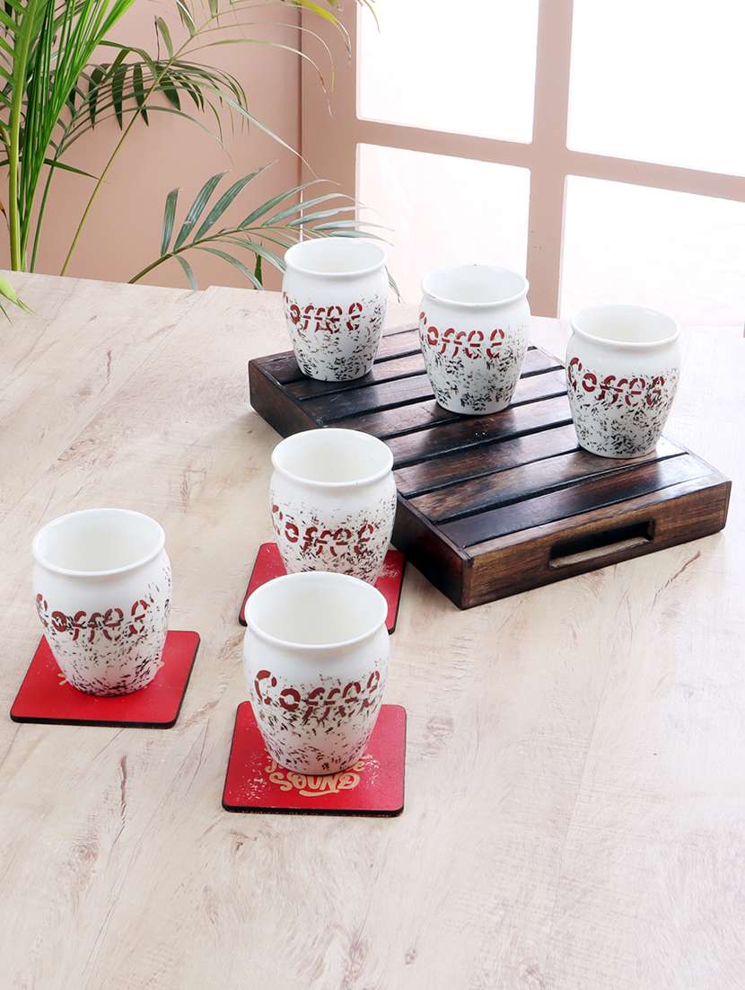 cdi set of 6 white & maroon printed ceramic glossy cups with wooden tray