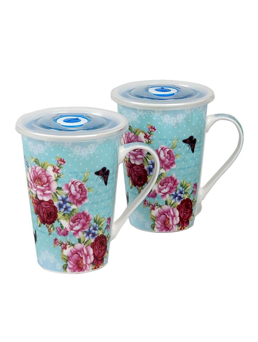 ceradeco blue & yellow printed ceramic glossy mugs set of cups and mugs