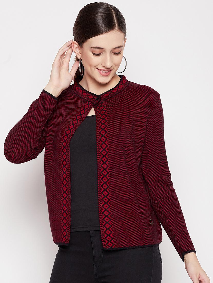 round neck self design woolen cardigan - 18539453 - Standard Image - 1
