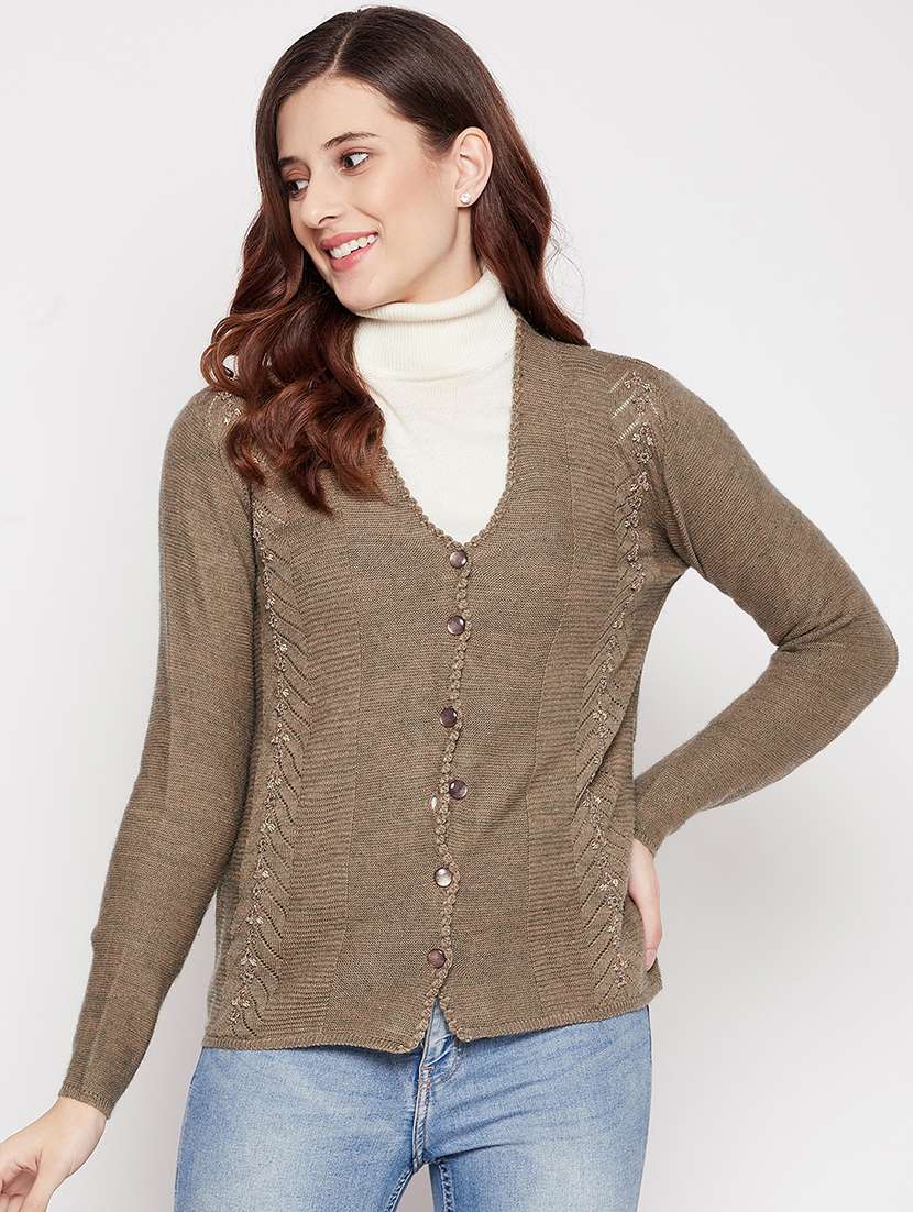 v neck self design woolen cardigan