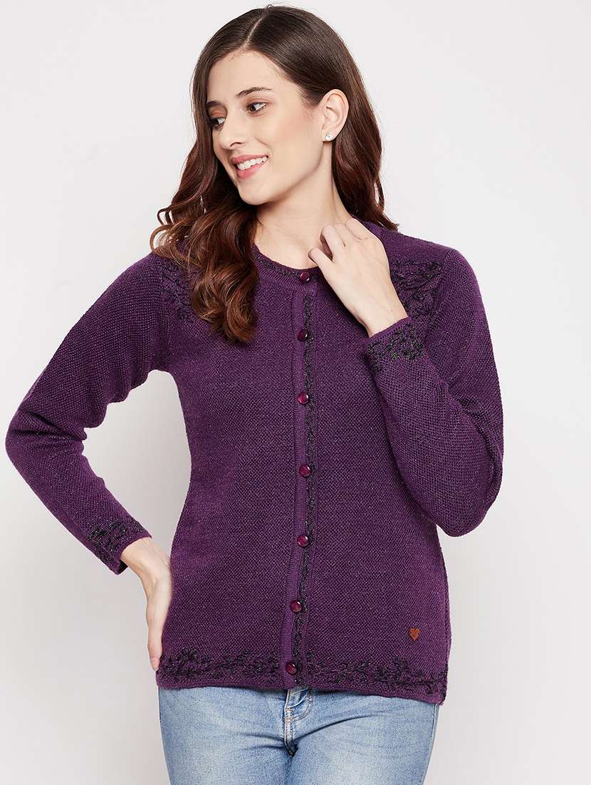 round neck solid woolen cardigan