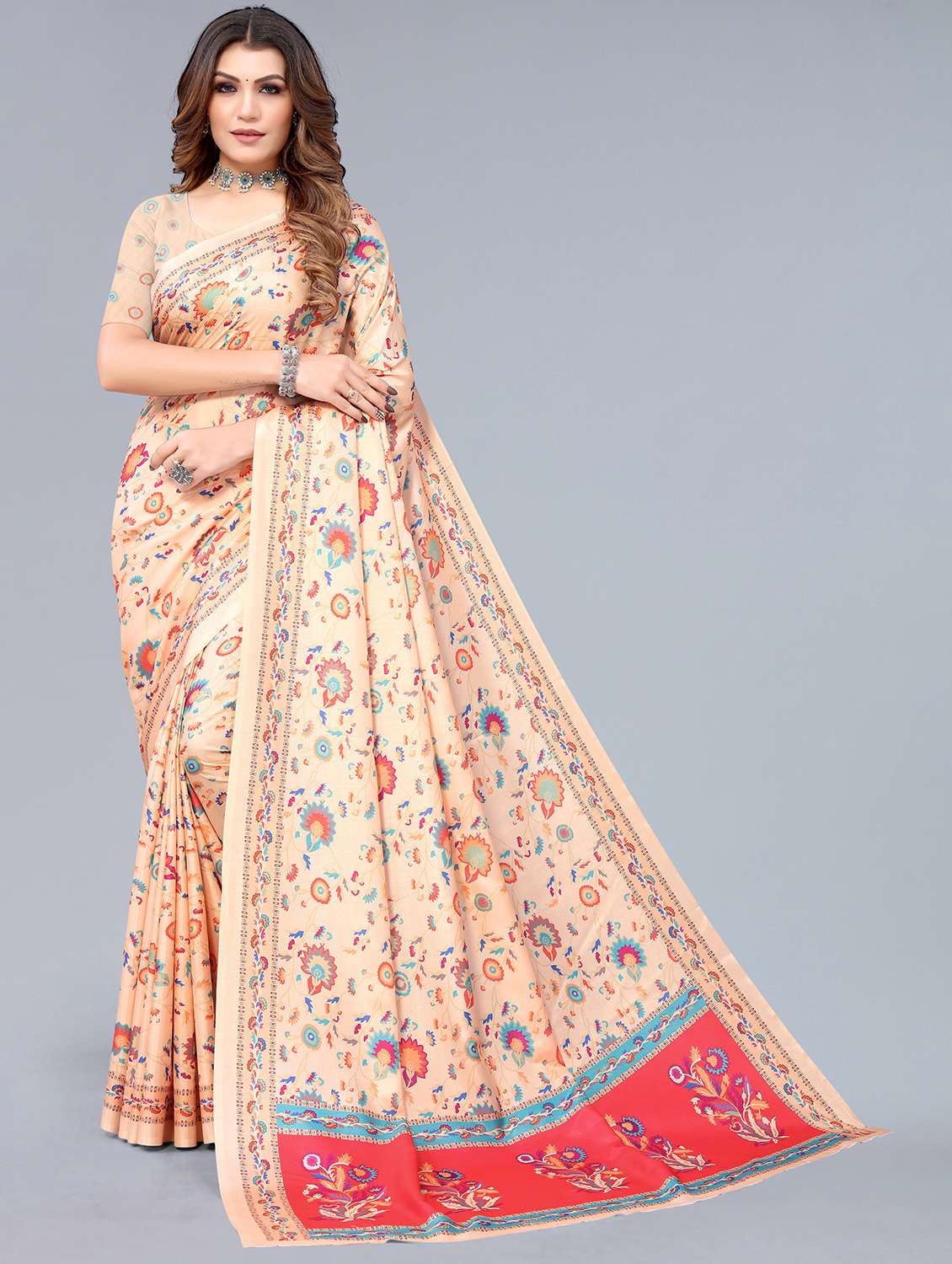 women's floral beige colored saree with blouse