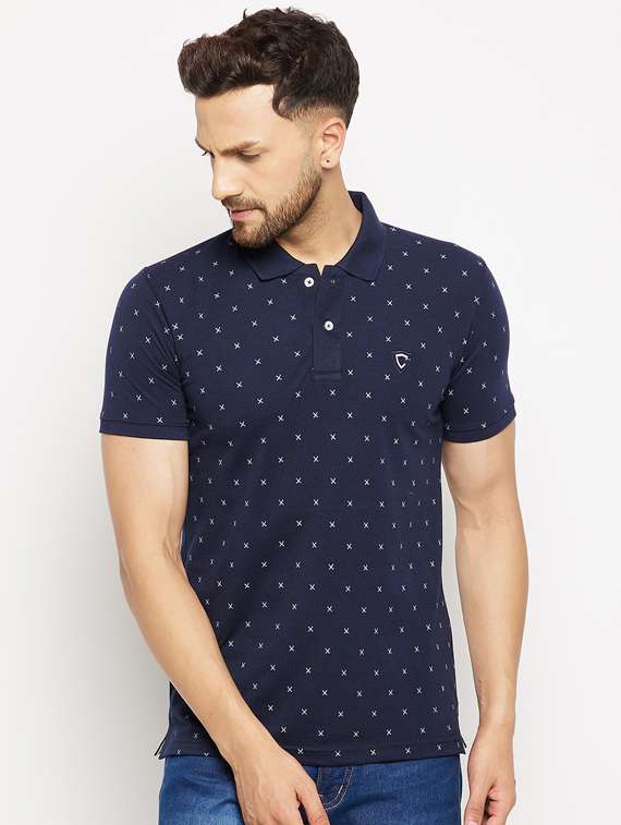 navy blue printed polo t-shirt