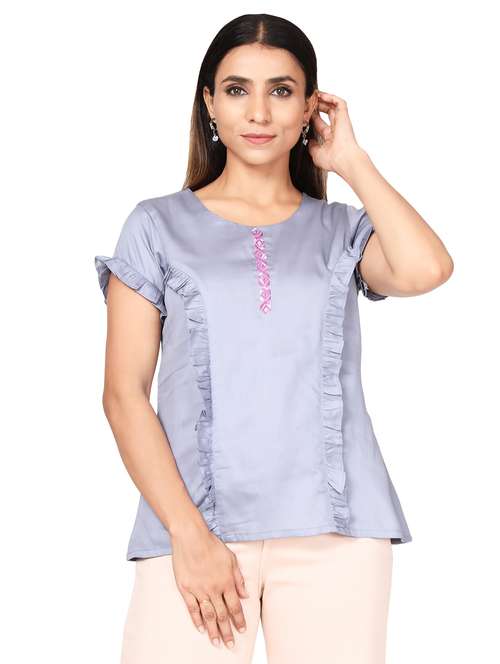 women's ruffle round neck top - 18560042 -  Standard Image - 0