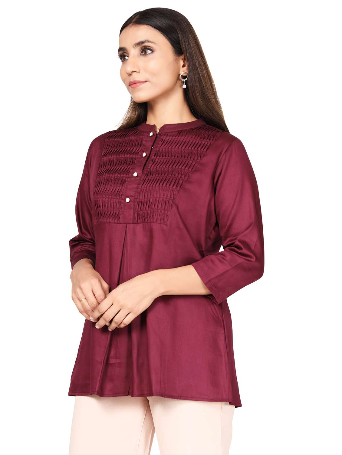 mandarin neck solid tunic - 18560058 - Standard Image - 1