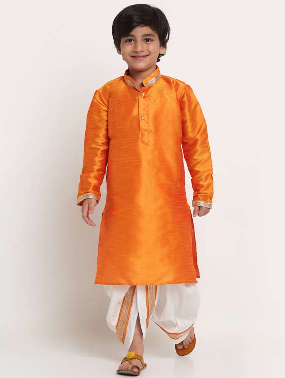 boys orange solid dhoti kurta set 