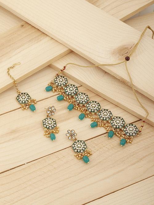 gold plated necklace earring set with maangtikka  - 18565802 -  Standard Image - 0