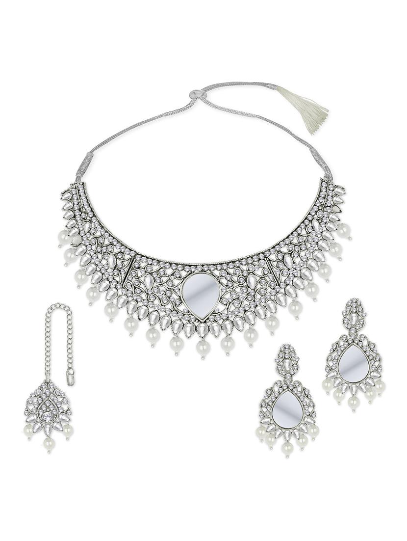 silver plated necklace earing set  - 18566723 -  Zoom Image - 0