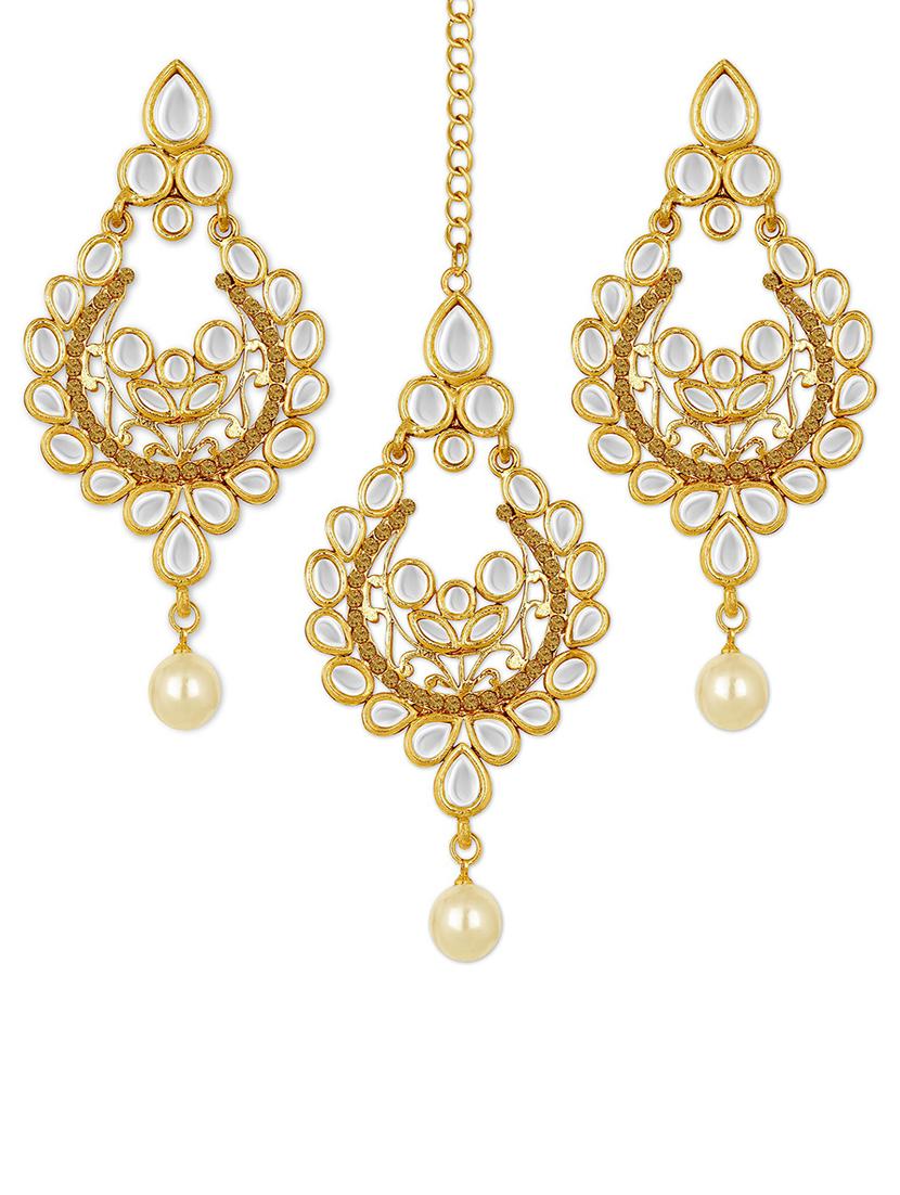gold plated earring maang tikka set - 18566796 - Zoom Image - 0