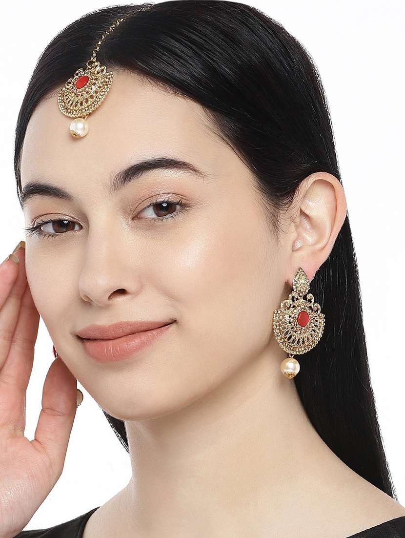 gold plated earring maang tikka set - 18566798 - Standard Image - 4