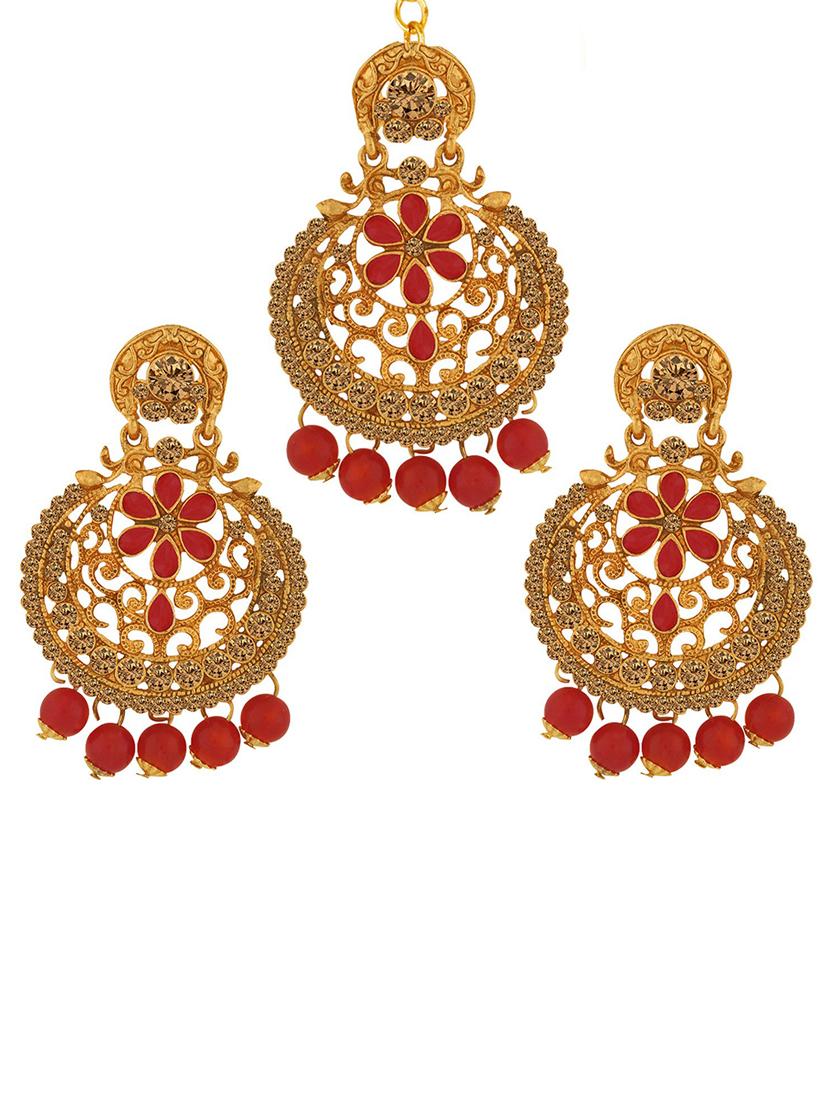 gold plated earring maang tikka set - 18566802 -  Standard Image - 1