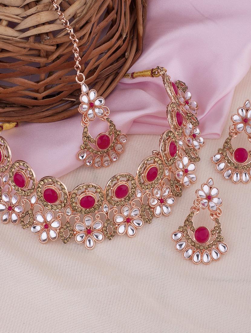 pink necklace earring set with mangtikka  - 18567610 -  Zoom Image - 0
