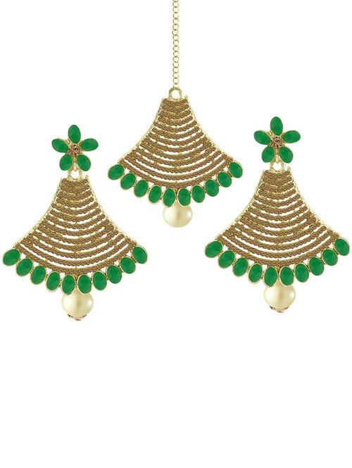 gold plated 1 maangtikka, 2 earring set  - 18567643 -  Standard Image - 0