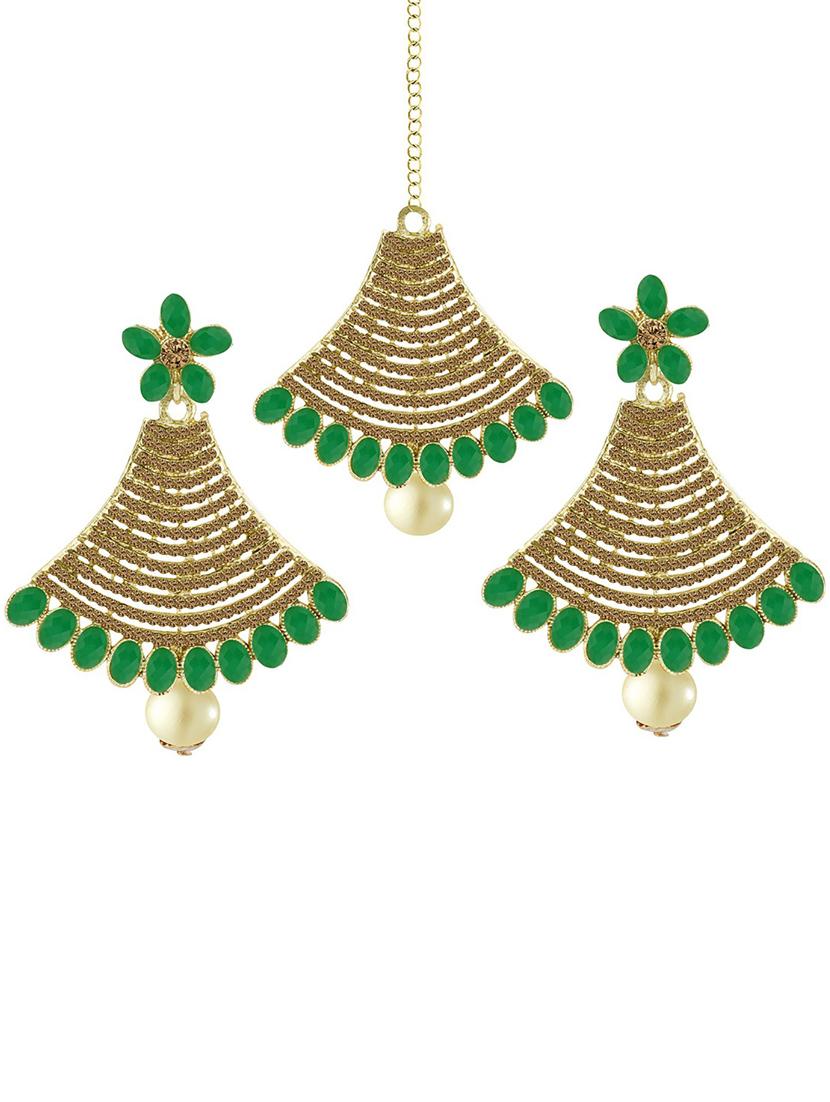 gold plated 1 maangtikka, 2 earring set  - 18567643 -  Zoom Image - 0