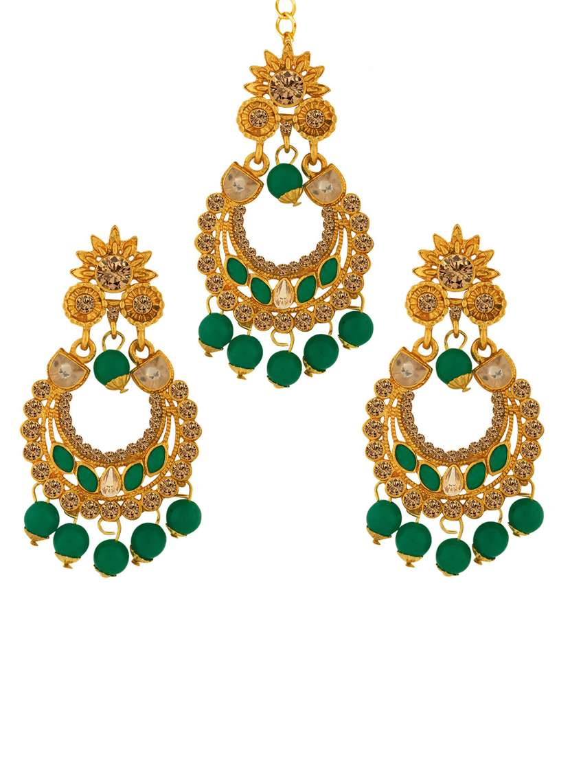 gold plated 1 maangtikka, 2 earring set  - 18567647 -  Standard Image - 1
