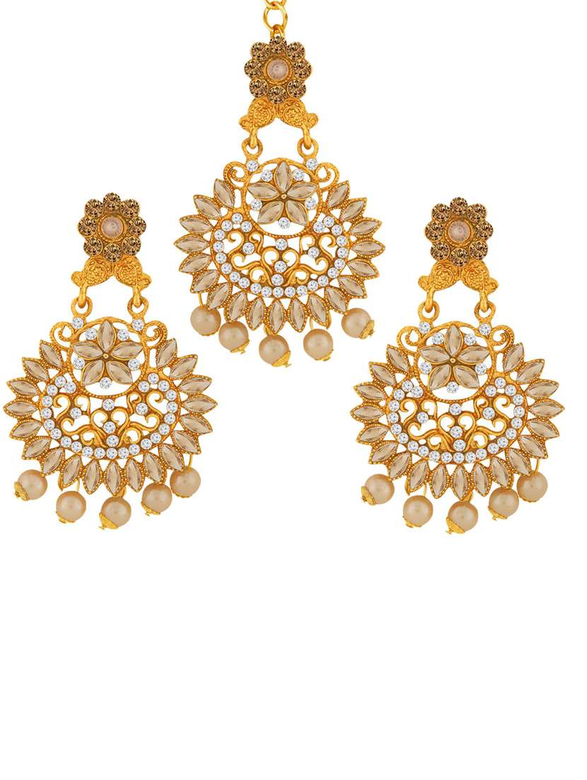 gold plated 1 maangtikka, 2 earring set  - 18567648 -  Standard Image - 1