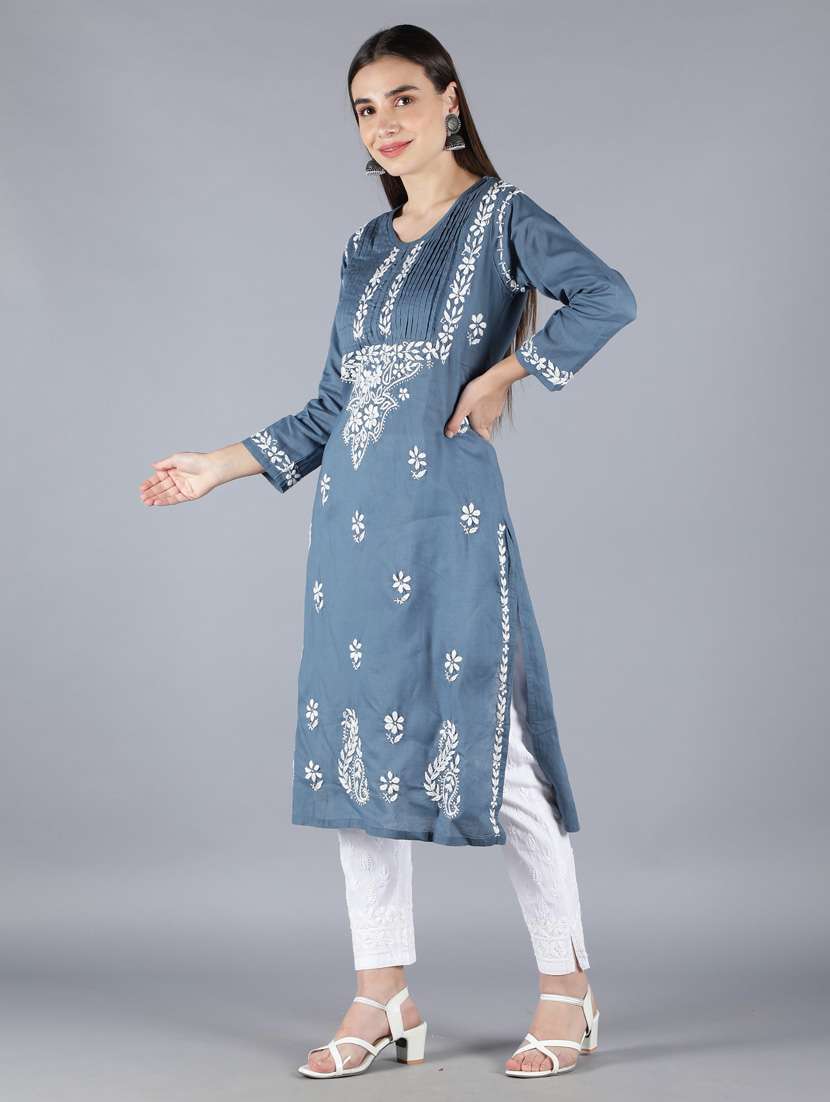 Blue Embroidered Straight Kurta - 18570805 -  Standard Image - 1