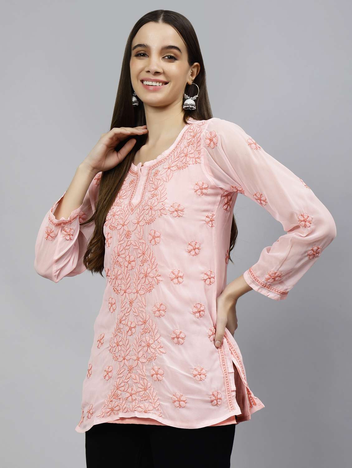 pink embroidered straight kurti  - 18573341 -  Standard Image - 1