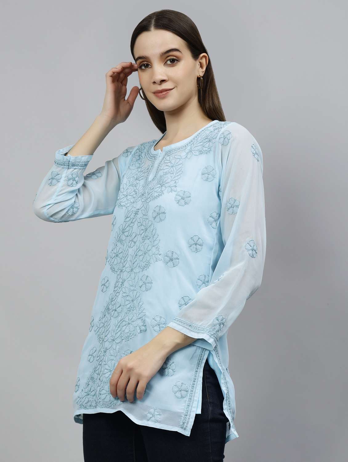 blue georgette straight kurti - 18573346 -  Standard Image - 1