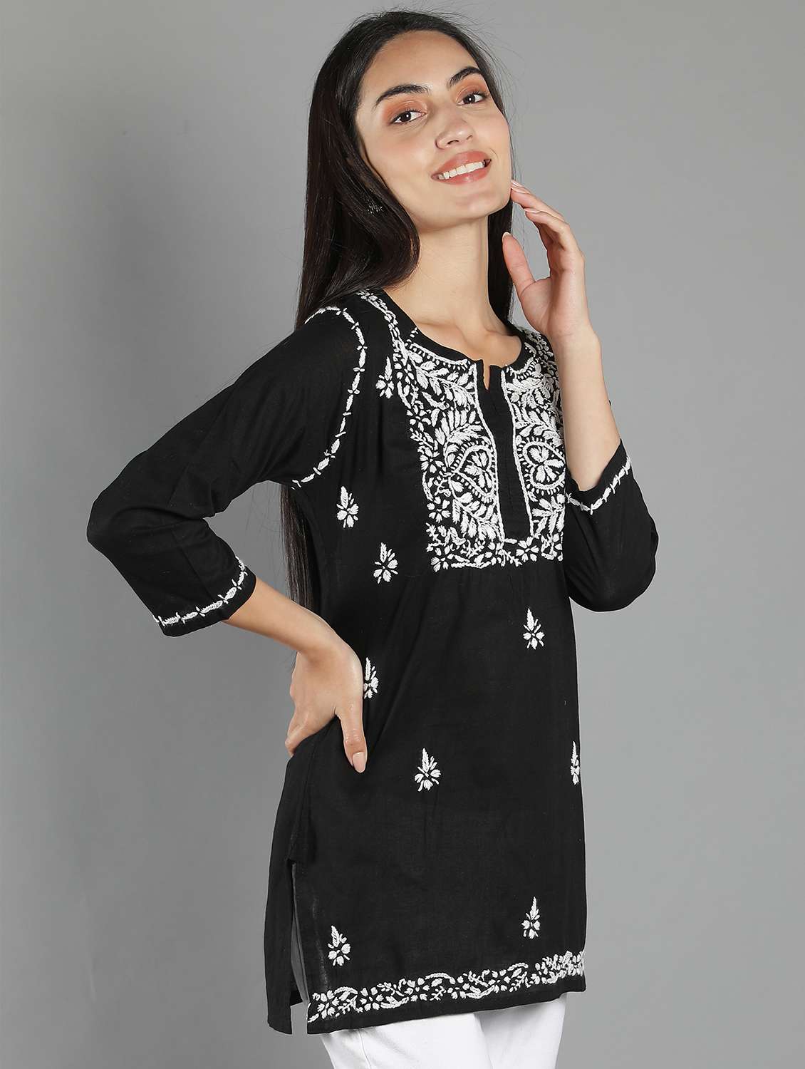 chikankari embroidered short kurti - 18573350 -  Standard Image - 1
