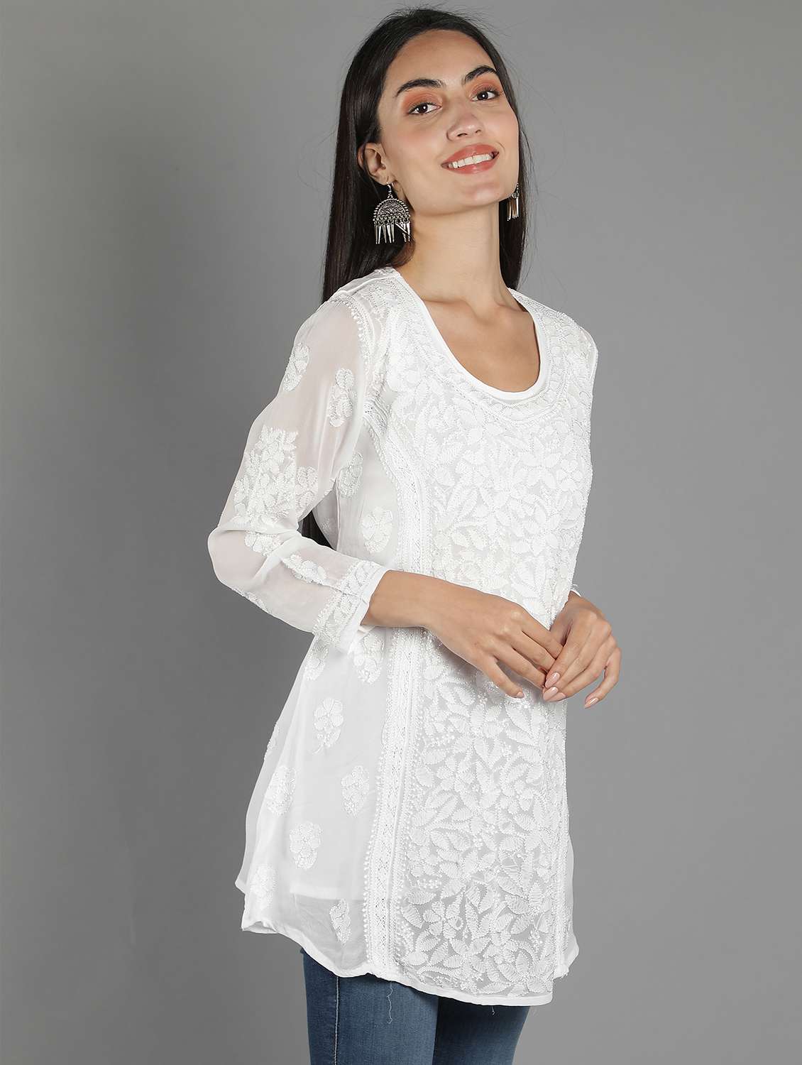 round neck chikankari embroidered short kurti - 18573352 -  Standard Image - 1